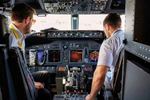 Flight instruction in cockpit of plane